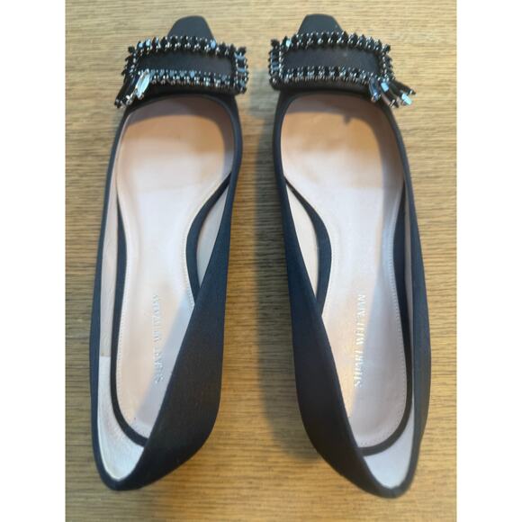 Stuart Weitzman Elegant Black Crystal Mid Heel Satin Black Pumps Size 8 - Picture 4 of 9